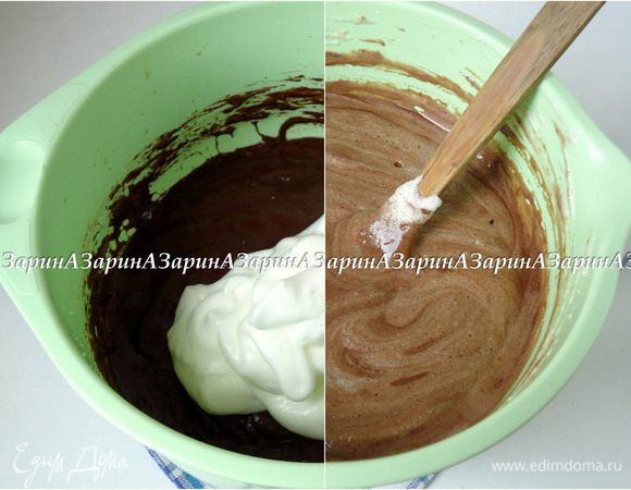 В отдельной чаше взбить белки со щепоткой соли и 30 гр. сахара до мягких пиков.

В два три приема ввести белки в тесто, каждый раз, аккуратно перемешивая методом складывания. 
