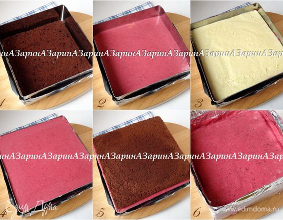 На дно квадратной формы выложить первый корж, пропитывать его не надо, т.к. шифоновые бисквиты отличаются влажной структурой. Сверху вылить 1/3 часть суфле. На суфле выложить крем-брюле. Затем вылить еще 1/3 часть суфле. Сверху на суфле аккуратно положить второй корж и поверх него вылить оставшееся суфле. Торт убрать в холод до полного застывания. 
