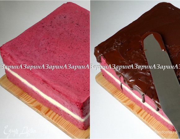 Когда суфле застынет, освободить торт от формы. Шоколад растопить на водяной бане вместе с растительным маслом и полить поверхность торта. 