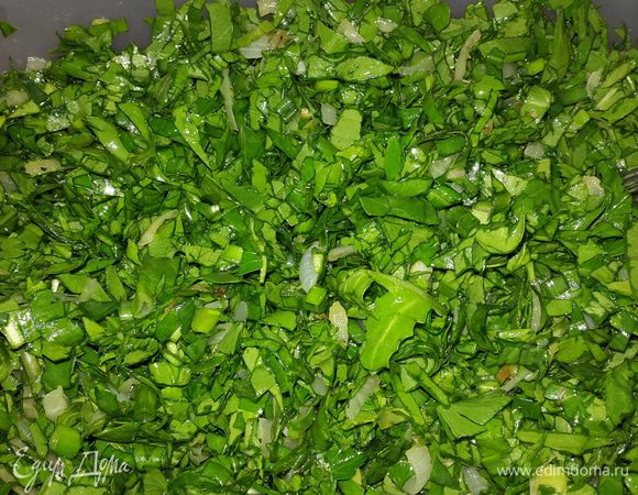 Всю зелень перебираем, моем, обсушиваем и мелко рубим.
Можно использовать абсолютно любую зелень. Но в качестве основы должна быть нейтральная зелень с не слишком ярко-выраженным ароматом и вкусом. У меня это был шпинат. Подойдет также лебеда, свекольная ботва и крапива. Вообщем все, что сможете найти.
Итак, рубим зелень, смешиваем её с остывшим луком, солим, перчим, добавляем немного оливкового масла, но не слишком много, тщательно перемешиваем. Начинка готова! 