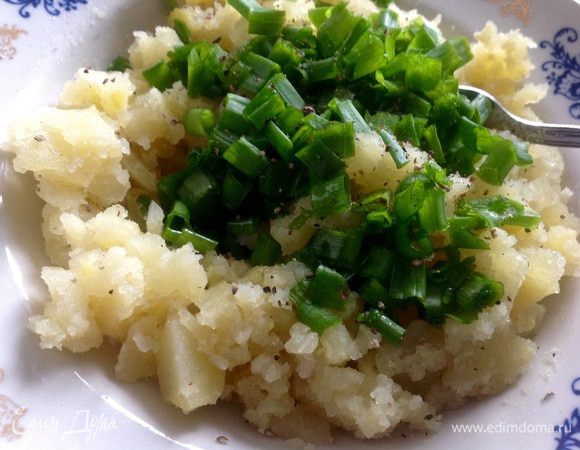 Приготовить начинку: очистить картофель и сварить его до полной готовности в подсоленной воде. Размять картофель вилкой, не до однородности.
В сковороде разогреть 2ст. ложки растительного масла, добавить к нему зиру. И, постоянно помешивая, прожарить на среднем огне 30 секунд. Затем вылить чуть остывшее масло к картофелю. И туда же добавить мелко нарезанный молодой лук. Соль и перец по вкусу. Хорошо все перемешать!
