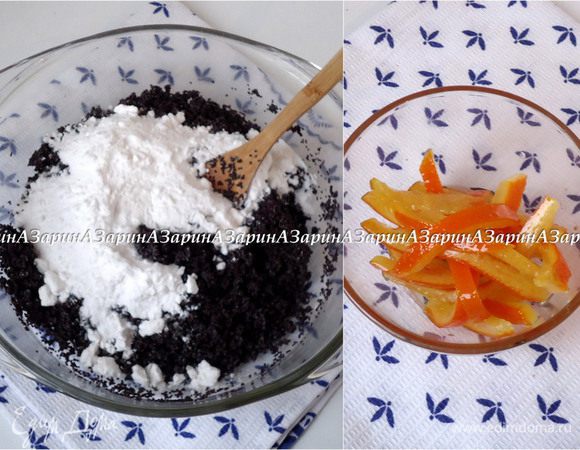 Для начинки мак залить молоком и поставить на огонь. После закипания массы убавить на средний огонь и уварить, чтобы молоко практически выварилось. Добавить сахарную пудру и опять проварить, пока мак не загустеет. Готовый мак остудить.
Апельсиновые цукаты вынуть из сиропа и нарезать полосками.