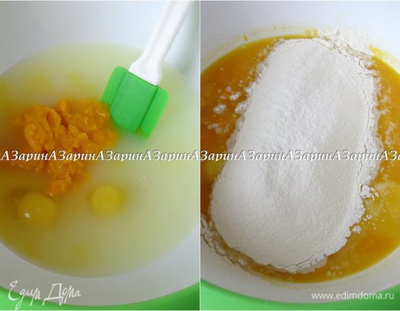 Теперь займемся блинами. Смешать в миске теплую сыворотку, тыквенное пюре, соль, сахар, соду и яйца. Добавить просеянную муку.