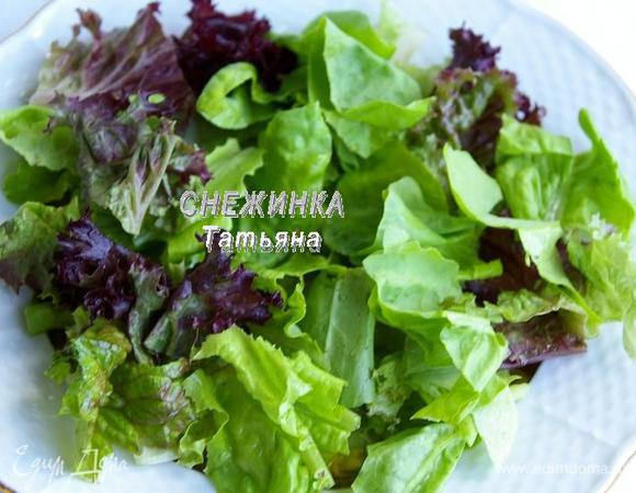 Листья салата хорошенько промыть под проточной водой. Обсушить на бумажном полотенце. Порвать руками на крупные листочки. Выложить на порционные тарелки.