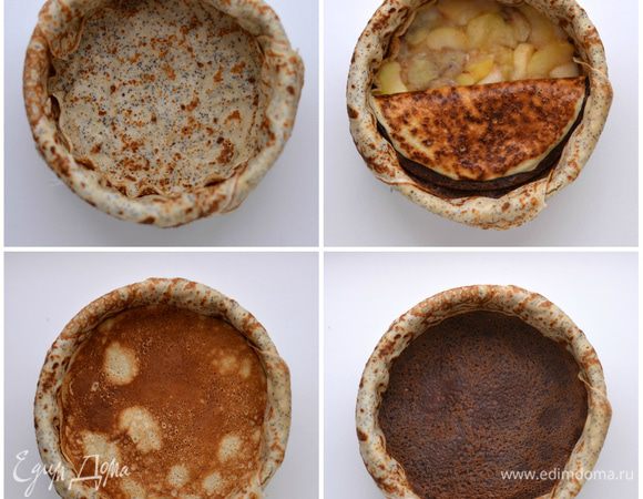 Сборка:
Форму диаметром 18 см выстелить пищевой пленкой. Укладываем в форму 4-5 обычных блинов так, чтобы их края немного свисали с бортика формы. Шоколадный блин обрезать по диаметру формы, уложить на дно.
Выложить слой карамелизованных яблок и бананов. Накрыть маковым блином, затем шоколадным. Слегка прижать блины руками ко дну формы – утрамбовать.