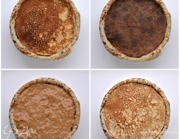 Накрыть маковым блином, затем шоколадным. Слегка утрамбовать. Выложить карамельный мусс. Прикрыть маковым блином. 