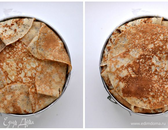 Свисающие края блинчиков завернуть сверху, на маковый блин. Смазать чуть-чуть муссом, прикрыть еще одним блином – сделать донышко.
Укрыть пищевой пленкой и оставить до застывания на 3 часа, но лучше на ночь.