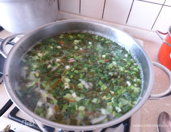 Практически сразу добавляем зеленый лук и варим еще пару минут (не больше).