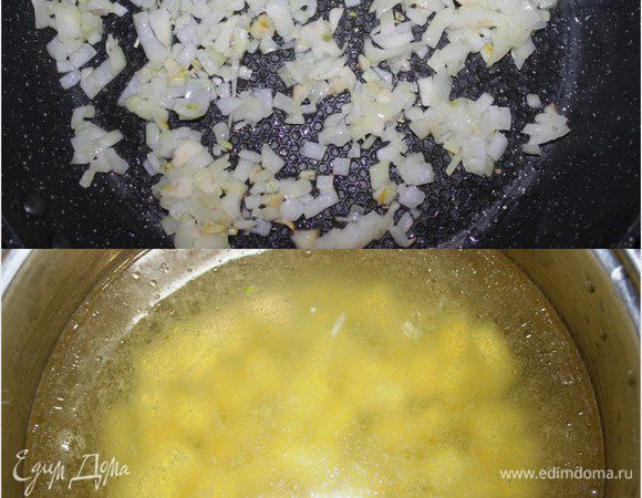 На разогретом оливковом масле спассеровать измельченные лук и чеснок. Воду закипятить и забросить в нее нарезанный кубиками картофель средних размеров.