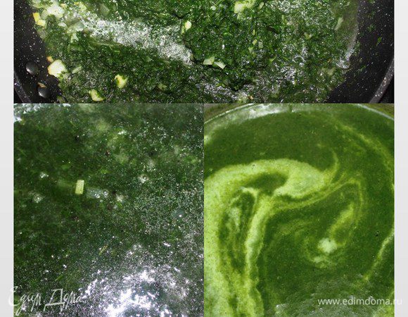 К луку добавить заранее размороженный и отжатый от лишней жидкости шпинат, потушить минут 10. Добавить тушеные овощи к картофелю, посолить и проварить еще минут 5. Слегка остудить и измельчить до однородного состояния при помощи кухонной техники. Добавить в суп сливки, по щепотке перца, мускатного ореха и тимьяна, прогреть пару минут, не доводя до кипения. Выключить огонь и дать настояться под крышкой.