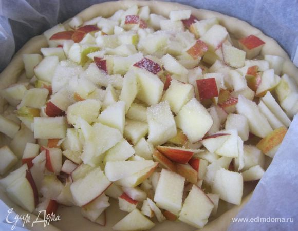 Выложить яблоки на тесто.
Присыпать сахаром ( по вкусу).
По желанию - можно  добавить немного молотой корицы.
