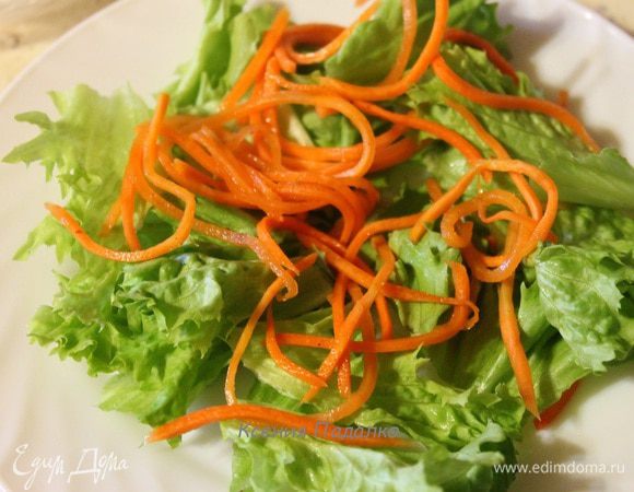 Листья салата помыть и обсушить. Порвать руками и выложить на тарелки. Сверху положить морковь, посыпать рубленной петрушкой. Далее выкладываем пасту. Каждый шарик сыра моцареллы разрезать на 3 части и разложить поверх пасты.