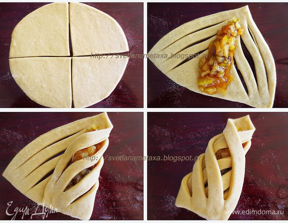 Для начинки груши очистить от кожуры и семян, порезать на маленькие кусочки. 

В кастрюлю налить 100 мл воды, высыпать сахар и варить в течении 10 минут. В сироп добавить сок лимона и положить груши. Варим груши постоянно перемешивая до появления золотистого цвета. Оставляем остыть. 

Формовка булочек:
Готовое тесто обмять и разделить на 3 одинаковые части. Из каждой части раскатать круглый пласт, диаметром примерно 20-25 см (точно не замеряла), разрезать на 4 одинаковые части.

На каждом треугольнике сделать 3 надреза параллельно каждой из 2-х сторон. В середину положить начинку (1.5 ст. л.). Накрыть начинку сначала с одной стороны, затем с другой.