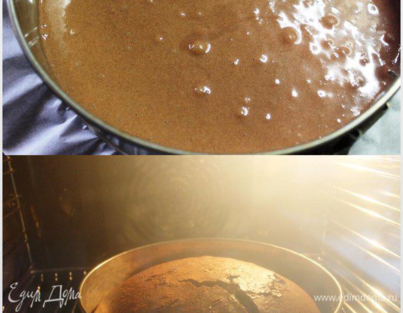 Тщательно перемешаем до полной однородности. Выливаем в застеленную пергаментом разъемную форму (у меня 21 см) и ставим в разогретую духовку на 45 минут. Готовность проверяем методом "сухой спички".
Корж хорошо поднимется и слегка треснет.
Поставим его полностью остывать в форме.