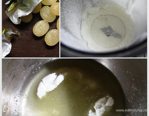 А пока приготовим помадку.
Нам нужны обыкновенные мятные карамельки (в ингредиентах просто "карамель"). Без добавок, типа эвкалипт, мелисса и т.д. Их необходимо измельчить в порошок. Я это делала много раз, поэтому могу сказать, что самый простой способ: вначале в плотном пакете разбить их молоточком на крупные куски, а после измельчить уже при помощи кухонной техники в пыль. Эту пыль высыпаем в толстостенную кастрюльку, заливаем водой и ставим на маленький огонь. Не мешаем. Ждем, пока вода закипит и карамель сама начнет плавиться.