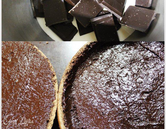 Теперь приготовим ганаш, залив поломанный шоколад сливками и растопив его, постоянно помешивая, на минимальном огне в кастрюльке с толстым дном.
Покрываем внутренние части коржей тонким слоем ганаша. Наша задача закрыть все поры шоколадом, чтобы не допустить впитывания помадки. Здесь можно подкорректировать толщину нижнего коржа (если немного переборщили при вырезании), делая слой шоколада толще. 
Ставим заготовки минут на 10 в морозилку.