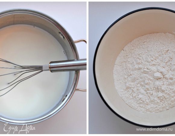 Муку просеять 0,5 стакана (примерно 70 г).
Всыпать муку. Хорошо перемешать, чтобы не было комочков. Чем жиже тесто, тем тоньше блинчики.
