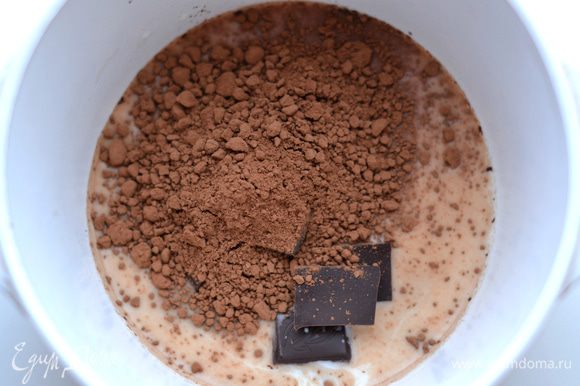 0,1 л молока соединить с шоколадом и какао-порошком. Распустить в микроволновке или на водяной бане. Ввести шоколадную массу в блинное тесто. Перемешать.