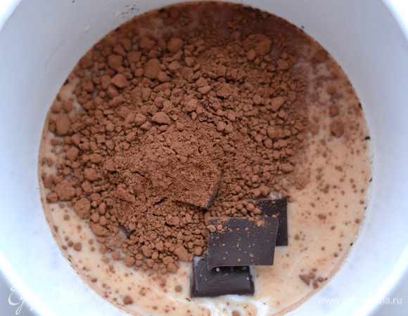 0,1 л молока соединить с шоколадом и какао-порошком. Распустить в микроволновке или на водяной бане.
Ввести шоколадную массу в блинное тесто. Перемешать.