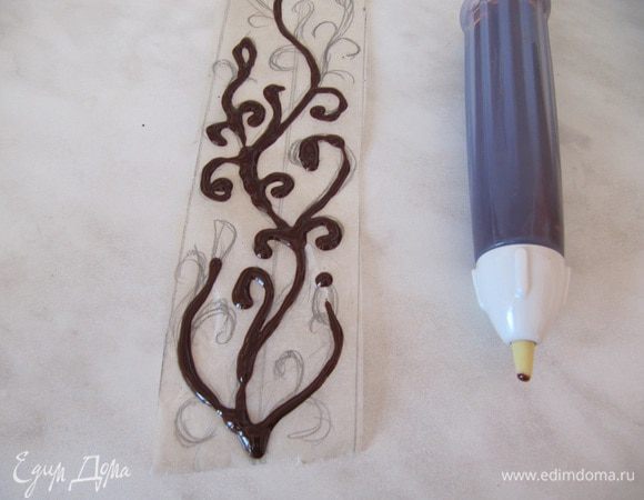 Ажурная шоколадная лента.
Растопить 50 г темного шоколада на водяной бане. На пергаментной бумаге нарисовать узор. В кондитерский шприц или в рожок влить шоколад и нарисовать шоколадом поверх узора, чуть оставить до затвердения, должно не сильно затвердеть.