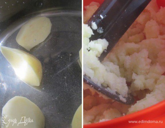 В кастрюлю положить картофель (2 шт.), налить 3 литра воды и поставить на огонь. Варить до готовности картофеля. Готовый картофель вынуть шумовкой, истолочь в пюре. В картофельный отвар выложить чечевицу. Варить 10 минут.