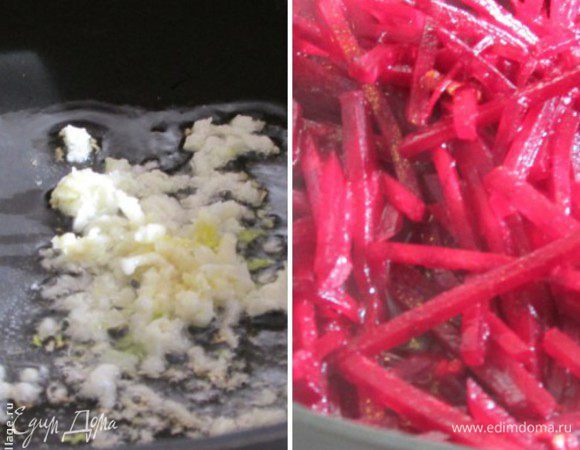 Этим временем, на сковороде с раскалённым растительным маслом обжарить чеснок, который пропустить через пресс. В чесночное масло выложить свёклу и тушить на среднем огне 3-4 минуты, добавив 1 ст. л. яблочного уксуса и сахар.