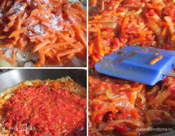 В отдельной сковороде пассивировать на растительном масле репчатый лук, затем добавить морковь. Посолить, поперчить, тушить до готовности. В готовые овощи добавить домашнюю заправку/томатный сок (я использую свою заправку, осеннюю заготовку http://www.edimdoma.ru/retsepty/68696-zapravka-dlya-pervyh-blyud) и продолжать тушить, пока не испарится вся жидкость.