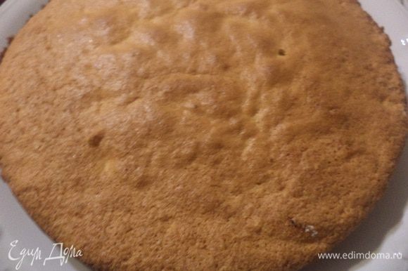 Выложить тесто в разъёмную форму, смазанную маслом и застеленную бумагой для выпечки. Выпекать бисквит при температуре 180 градусов 35-40 минут. Бисквит остудить и разрезать на 3 коржа.