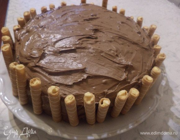 Верх торта посыпать порошком какао. Вафельно-ореховые рулетики разломать пополам и украсить ими бока торта.