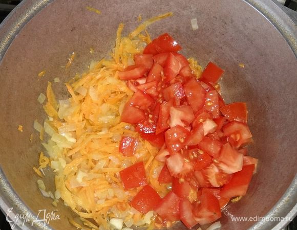 Очищенный лук крупно шинкуем, чеснок измельчаем, чищенную морковь трем через крупную терку. Помидоры режем крупными кубиками. В котелке на подсолнечном масле обжариваем лук, морковь, чеснок 2 минуты. Добавляем помидоры и тушим на медленном огне минут 15. 