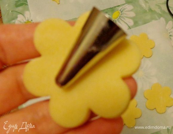 С помощью металлических насадок для крема, присыпанных мукой, сформировать бутоны цветков. Если тесто цветка прорвется, его легко залепить оставшимся тестом.