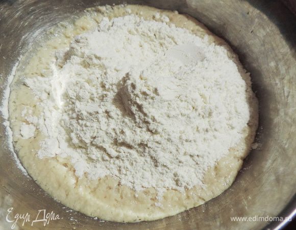 В полученную опару добавить взбитые яйца, оставшееся теплое молоко (150 г), соль, ванилин, всыпать сразу всю муку.
