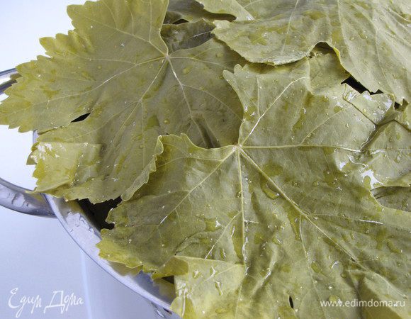 Соленые виноградные листья промыть в воде от рассола. Положить их на дуршлаг, чтобы стекла вода.