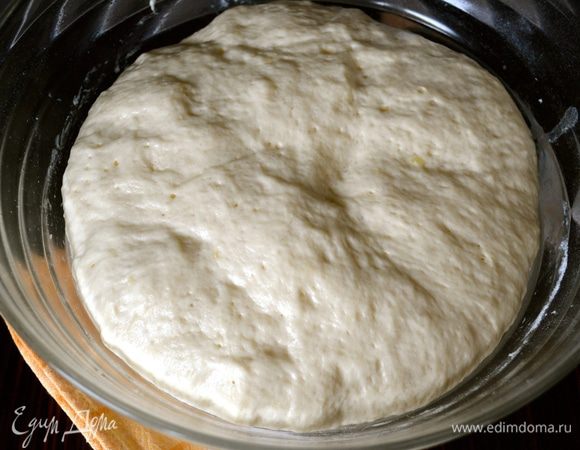 Накрыть миску пленкой (или полотенцем) и поставить в теплое место на 1 час. За это время 2 раза обмять тесто. Оно очень хорошо поднимается!