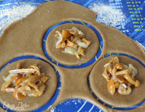 Включить разогреваться духовку до температуры 180 градусов. Тесто раскатать толщиной 3-4 мм, выемкой вырезать круги. Посередине положить начинку.