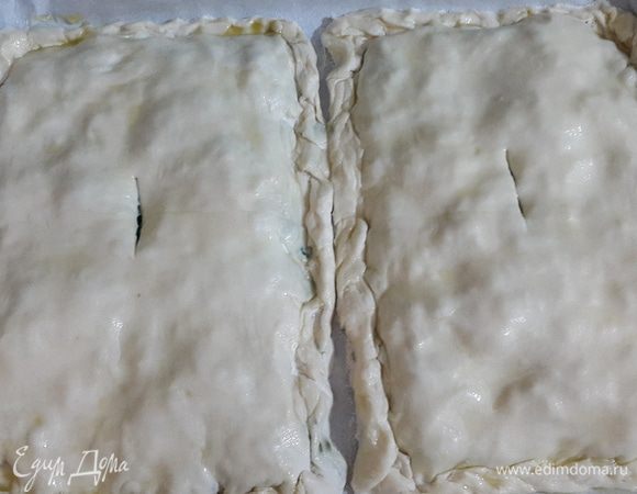 Раскатываем оставшиеся 2 пласта теста и накрываем наши пироги. Защипываем края, по центру делаем небольшие надрезы для выхода пара. Смазываем сверху оливковым маслом и отправляем запекаться в духовку на 200С до румяной корочки, примерно на 20-25 минут.

Сначала на нижний уровень, затем на верхний.