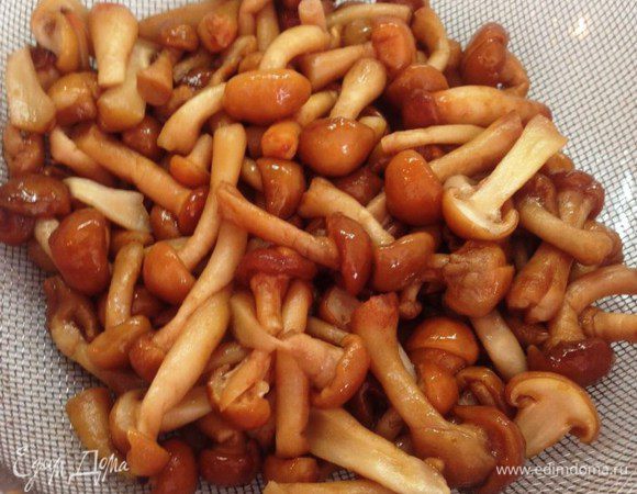 Опята разморозить и откинуть на дуршлаг, чтобы стекла лишняя жидкость