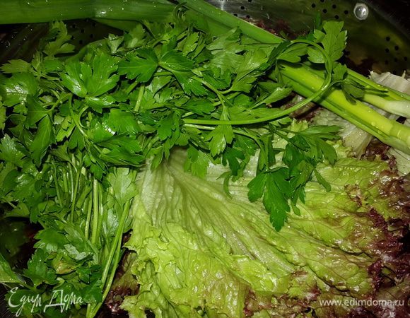 Готовим салат. Я взяла лолло россо, он красивый и очень полезный. Моем салатные листья, зеленый лук и петрушку.