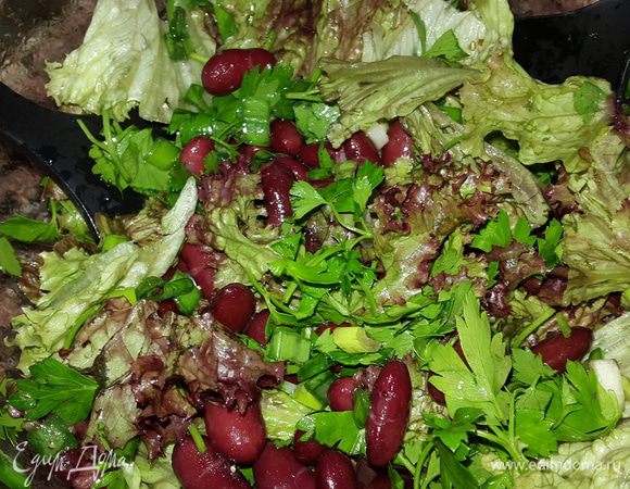 В глубокую миску рвем салат руками, лук и петрушку режем, с фасоли сливаем жидкость и добавляем к остальным. Солим, перчим, сбрызгиваем лимонным соком, бальзамик, оливковым маслом и аккуратно перемешиваем. Салат готов!