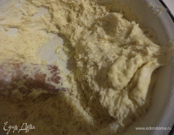 Просеять в миску 0,5 стакана муки, всыпать сухие дрожжи, перемешать, влить тёплое молоко, тщательно перемешать.
Сливочное масло растопить, влить в миску, добавить соль, обычный и ванильный сахар, растительное масло, яйца, хорошо перемешать.
Добавить оставшуюся муку, перемешать, замесить мягкое тесто, миску накрыть полотенцем и убрать в тёплое место на 1 час.