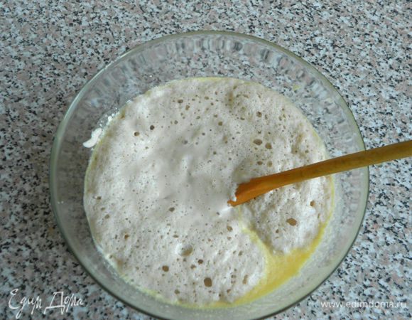 В достаточно большую миску выложить растёртые желтки, добавить оставшееся тёплое молоко, растопленное масло, ваниль, соль, кардамон, влить подошедшую опару и перемешать.