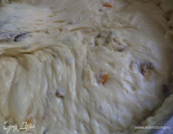 Добавить запаренный изюм, порезанные цукаты и орехи, ещё раз вымесить тесто и оставить для подъёма. 