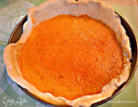 Оставшееся тесто разделить пополам. Одну половину раскатать в тонкий круг, таким же диаметром, как и форма. Накрыть этим кругом ореховую начинку, сверху распределить пюре из кураги. Завернуть кверху свешивающиеся края первого круга.