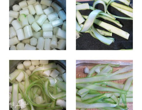 Оставшуюся белую спаржу нарежьте на кусочки. Зелёную на тонкие полоски (это удобно сделать спец. ножом для чистки морковки). Полоски зелёной спаржи поместите в отвар и проварите в течении 30 сек, выньте и отдайте ледяной водой. Теперь пришёл черёд отварить белую спаржу.