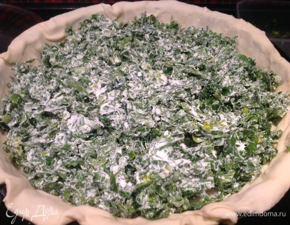 Выложите начинку и сверху полейте заливкой. Выпекайте 40 минут. 