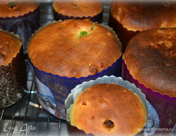 Выпекать в заранее нагретой до 200С духовке 10 мин, затем температуру снизить до 170С и выпекать еще 30 мин. Если сверху куличи начнут подгорать , прикройте их пекарской бумагой или фольгой. Маленькие куличи вынуть раньше. Готовность проверять лучинкой.