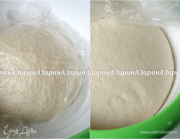 Тесто выложить на припыленный мукой стол и хорошо вымесить до гладкого состояния. Поместить тесто в чашу, накрыть пленкой и поставить в теплое место для брожения.
Через 60 минут хорошо обмять тесто, опять накрыть пленкой и оставить еще на 1.5 часа. За это время тесто увеличится в 1.5 – 2 раза.
