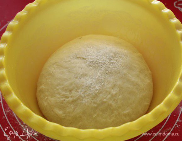 Переложить тесто в смазанную маслом чашку, накрыть пленкой и поставить в теплое место на 30 минут. Тесто увеличится вдвое.