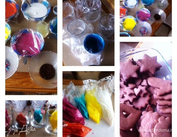 Готовим глазурь:
В чистой миске растираем белок с сахарной пудрой и по капле добавляем лимонный сок.  
Украшаем пряники глазурью.
Я приготовила глазурь разных цветов, т.к. хотела веселые пряники:). 
И начинается творческий процесс по вашему усмотрению и фантазии.