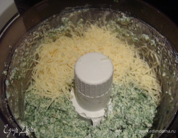 Хлеб соединить со шпинатом, добавить крем-фреш, перемешать, добавить половину пармезана, желтки, мускатный орех и соль. Взбить в блендере.